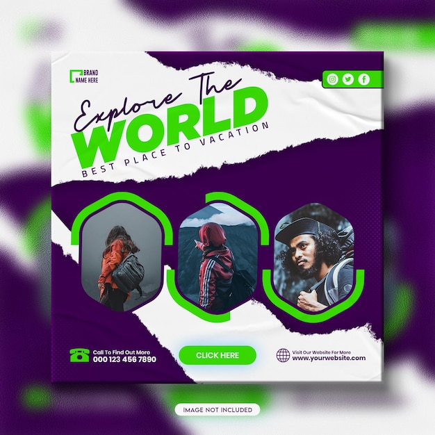 Tour holiday vacation instagram post design or explore the world travel social media banner template