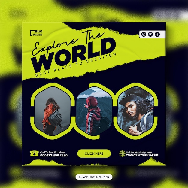 Tour holiday vacation instagram post design or explore the world travel social media banner template