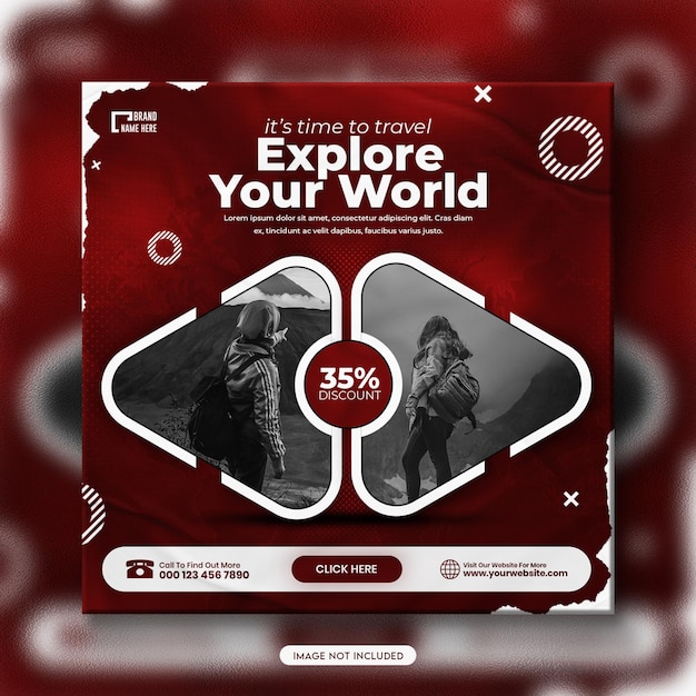 Tour holiday vacation instagram post design or explore the world travel social media banner template