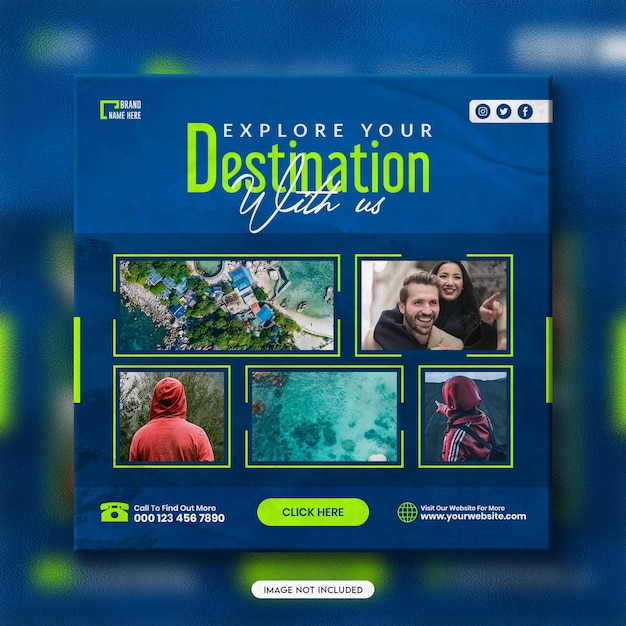 Tour holiday vacation instagram post design or explore the world travel social media banner template