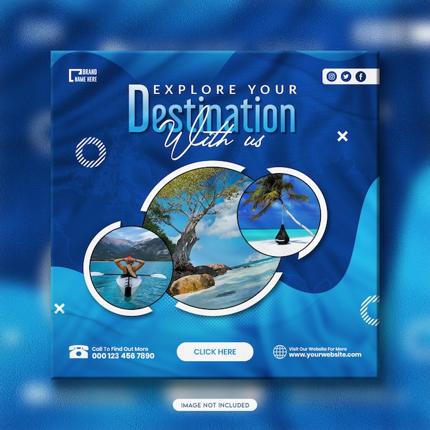 Tour holiday vacation instagram post design or explore the world travel social media banner template