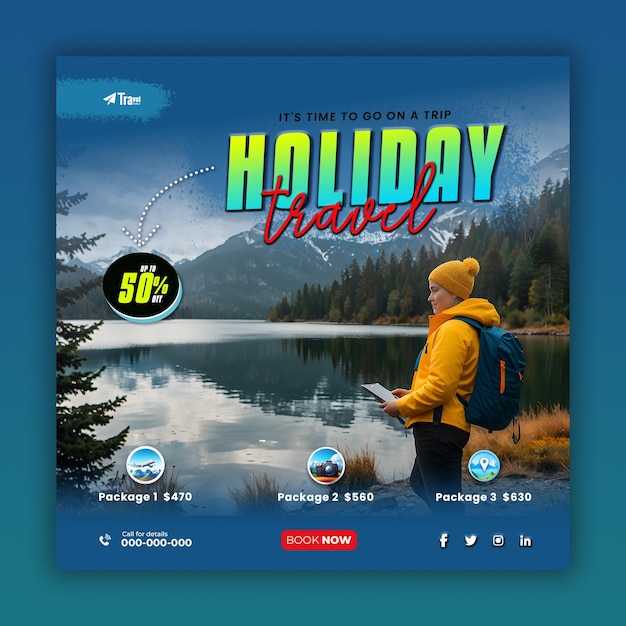 PSD tour and travel agency social media posts and web banner templates ai generated