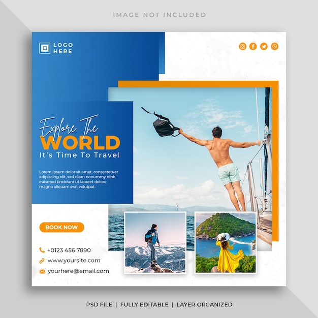 Tour and travel social media post or square flyer template