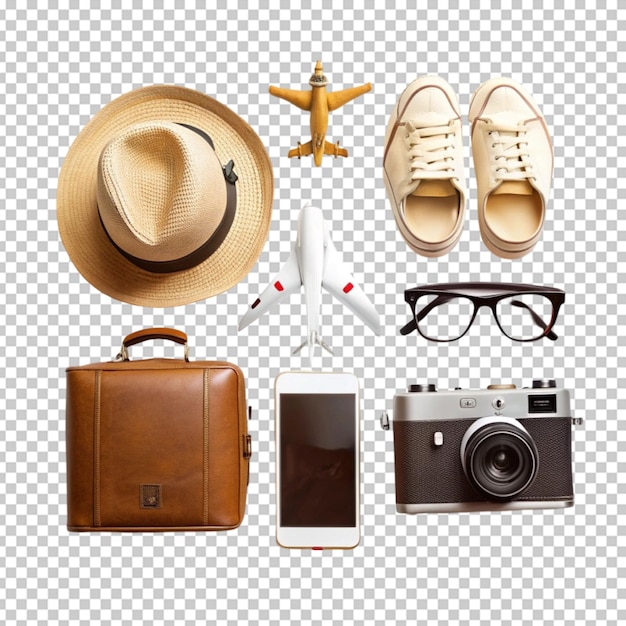 PSD tourist items arrangement isolated on transparent background