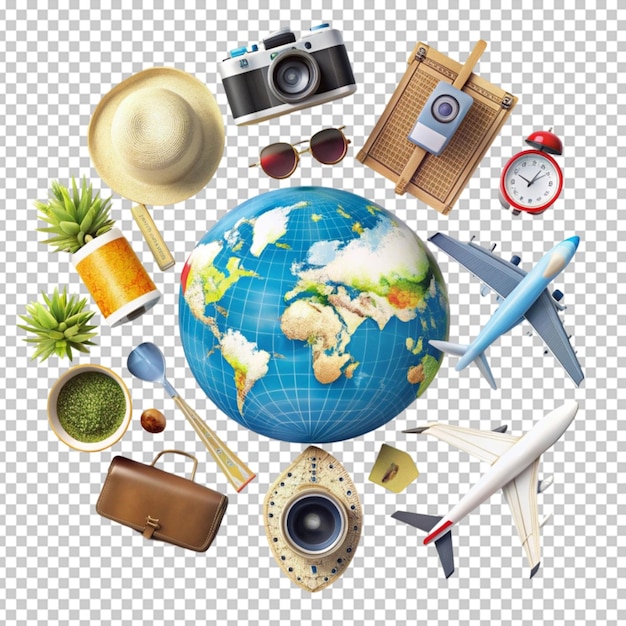 PSD tourist items arrangement isolated on transparent background