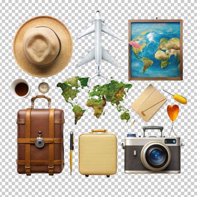 PSD tourist items arrangement isolated on transparent background