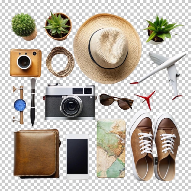 PSD tourist items arrangement isolated on transparent background