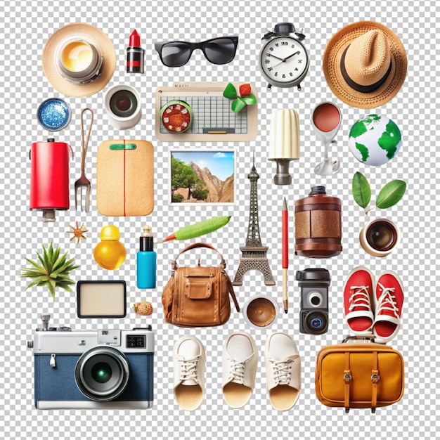 PSD tourist items arrangement isolated on transparent background