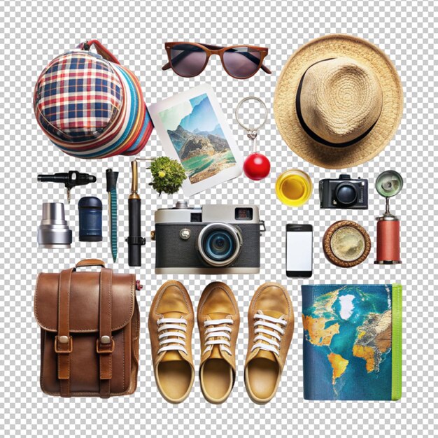 PSD tourist items arrangement isolated on transparent background