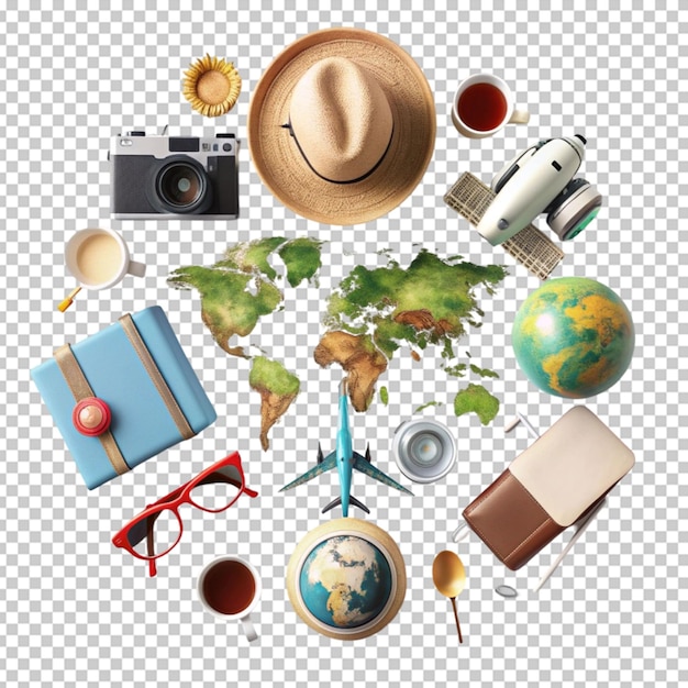 PSD tourist items arrangement isolated on transparent background