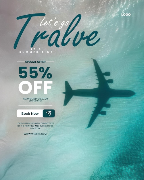 PSD tourist traveling poster template with aircraft shadow flying over a beach