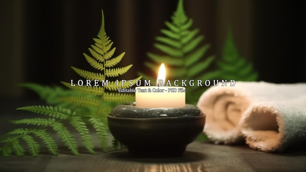 PSD towel on fern with candles and black hot stone on wooden background hot stone massage