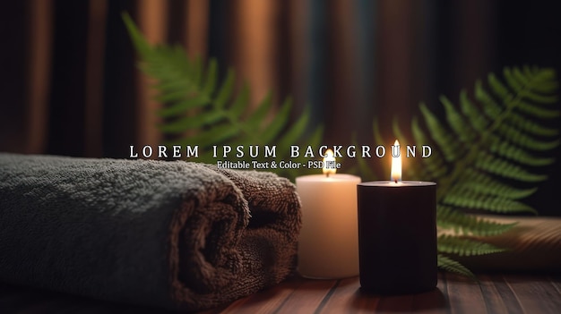 PSD towel on fern with candles and black hot stone on wooden background hot stone massage