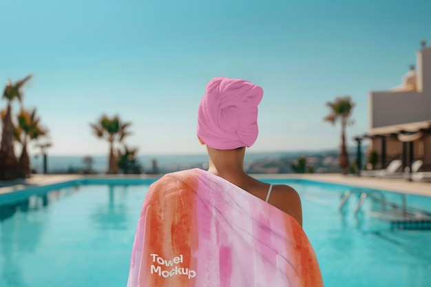 PSD towel mockup near swimming pool