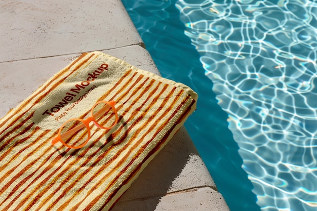 PSD towel mockup near swimming pool