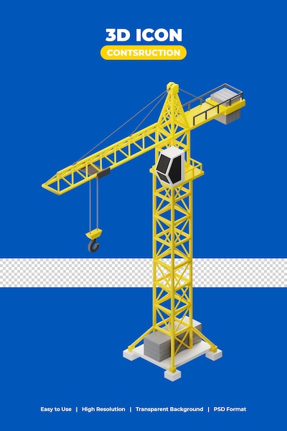 PSD tower crane building construction elements icon with 3d render illustration