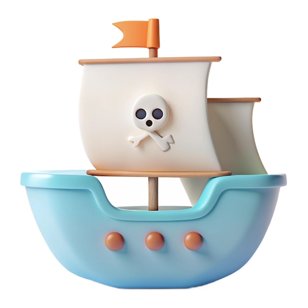 a toy boat with a skull and a blue boat on it