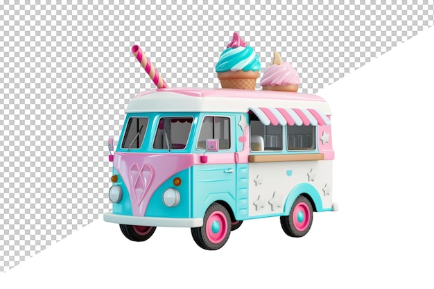 PSD a toy bus with a pink and white striped top and pink cupcakes on top