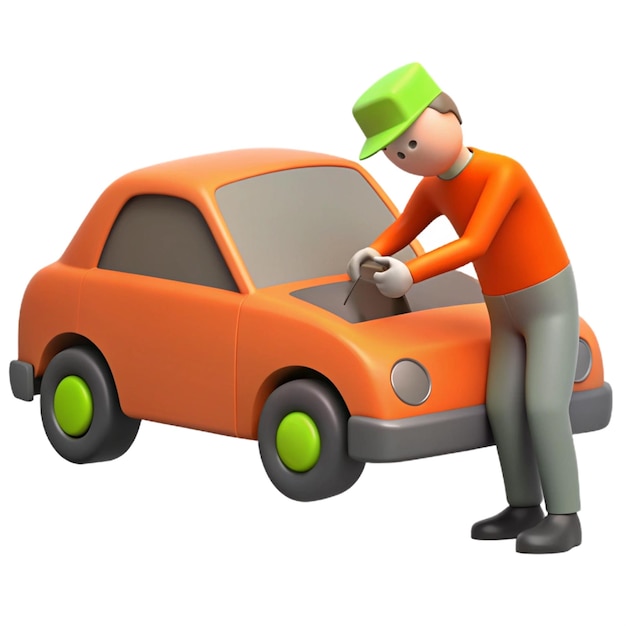 a toy car with a man in a green hat and orange shirt is next to a car that says quot go quot