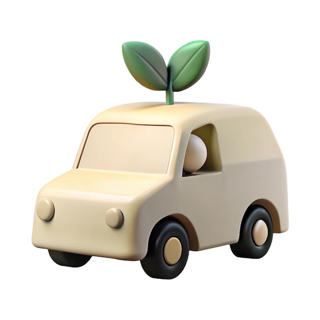 a toy car with a plant on the roof and the driver door open