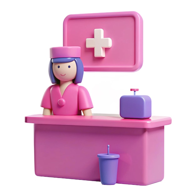 a toy doll sits at a counter with a medical sign on it