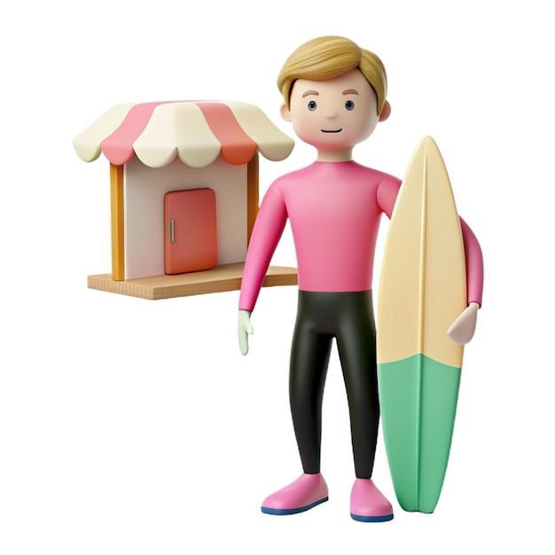 a toy figure with a pink shirt and black pants holding a surfboard