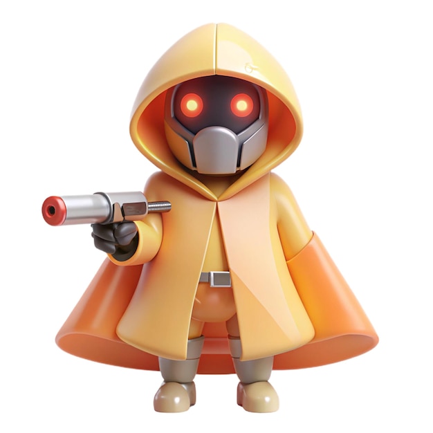 a toy figure with a red eyes and a gun pointing to the right