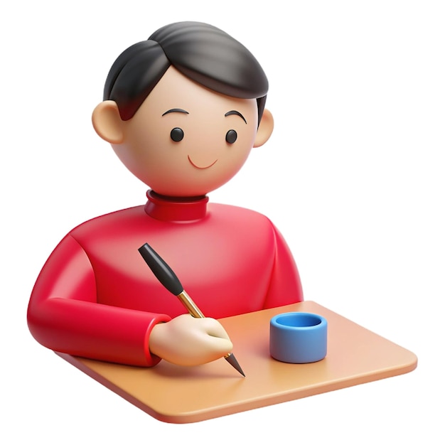 a toy figure with a red shirt and a pencil in front of him