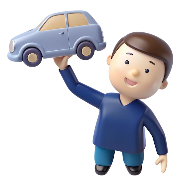 a toy man holds a toy car in his hand