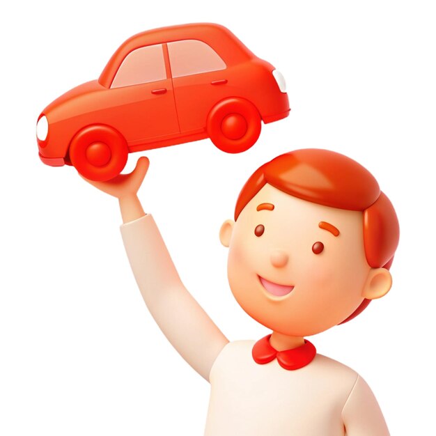 a toy man holds a toy red car in front of a white background