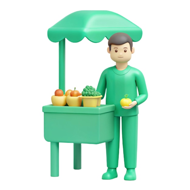 a toy man selling fruits and vegetables in a green outfit