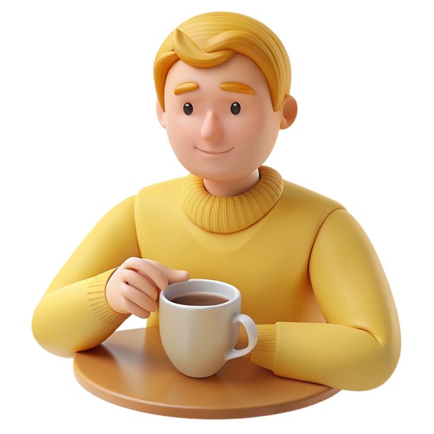 a toy man sits at a table with a cup of coffee