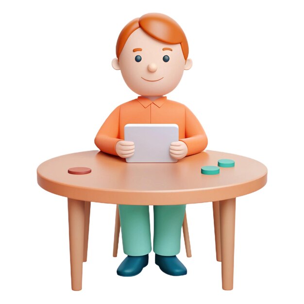 a toy man sits at a table with a tablet in front of him