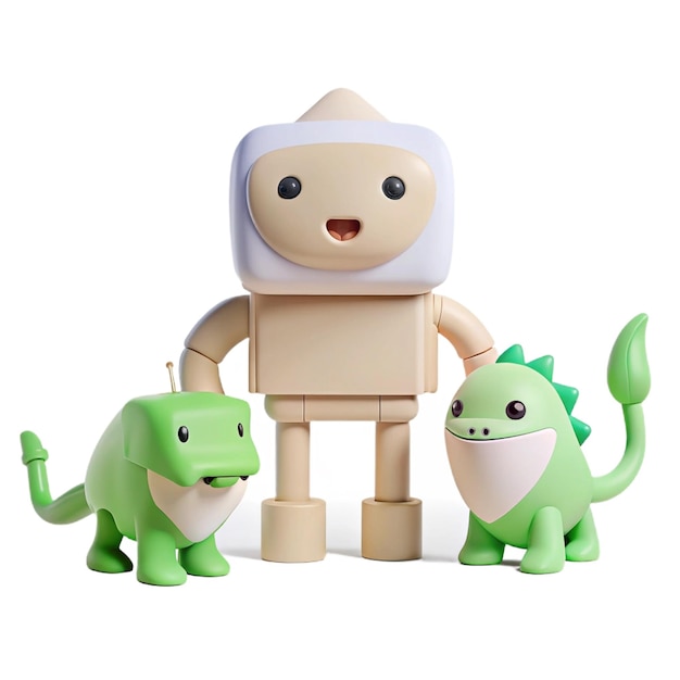 a toy man and two dinosaurs are standing next to each other