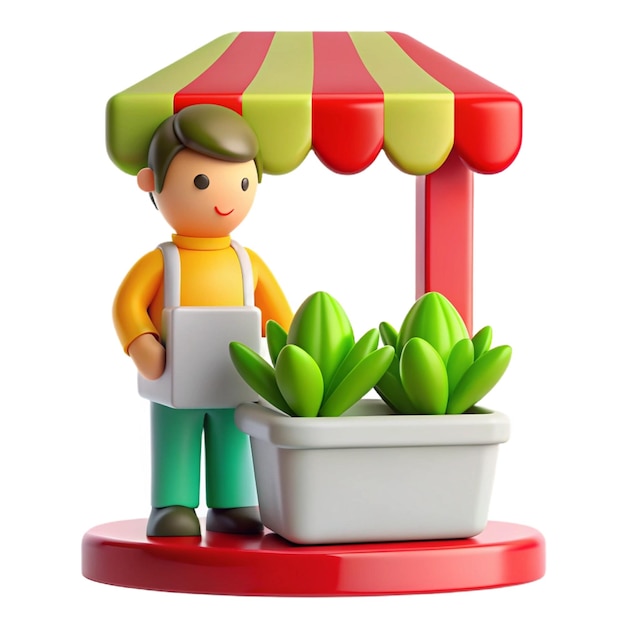 a toy man with a bucket of flowers next to a cart with a potted plant in it