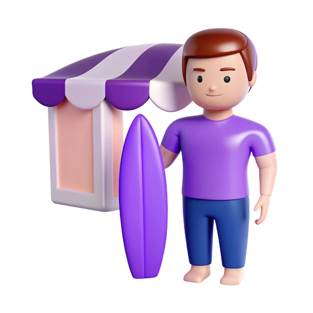 a toy man with a purple shirt and blue pants stands next to a small shop with a purple and white bac