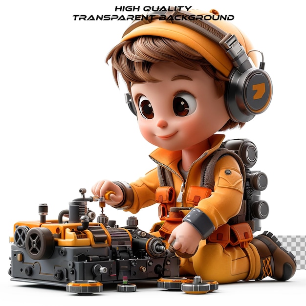 PSD a toy pilot with headphones on and a toy train engine