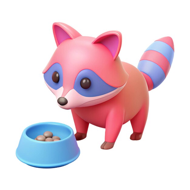 a toy that has a blue and pink tail and a bowl of food