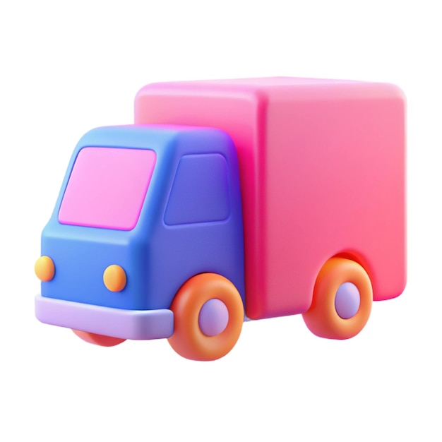 a toy truck with orange wheels and a pink box