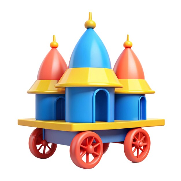 a toy with a blue and yellow top and red wheels