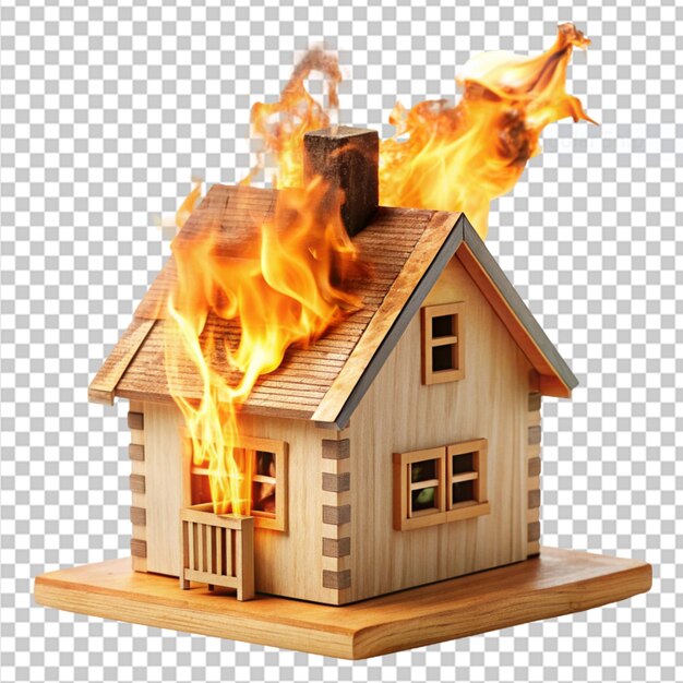 a toy wooden house on fire on transparent background