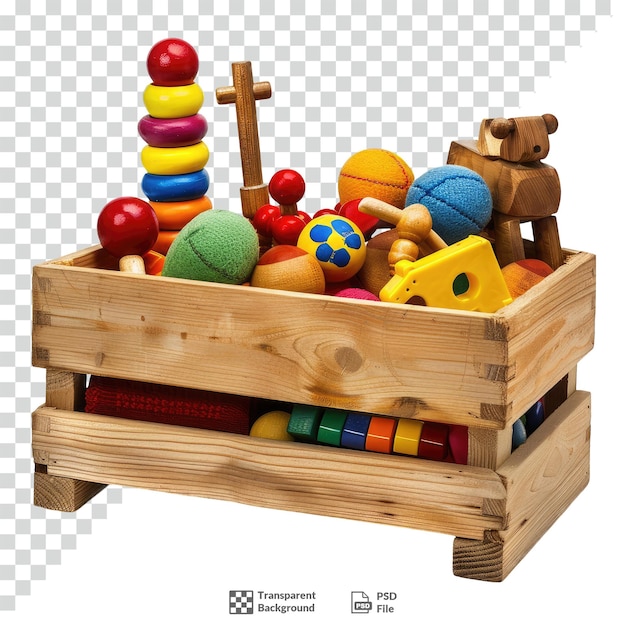 PSD toys in a wooden crate transparent background