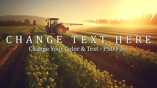 Tractor spraying soybean field in sunset