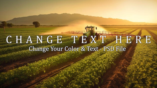 Tractor spraying soybean field in sunset