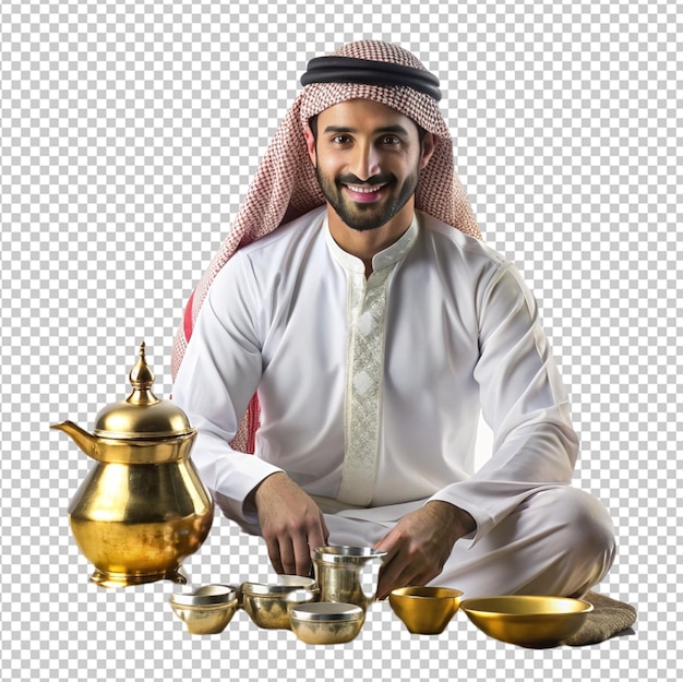 traditional arabic hot tea and man sitting