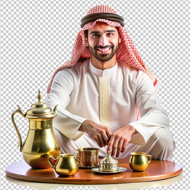 traditional arabic hot tea and man sitting