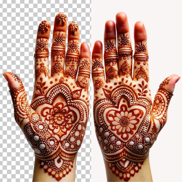 Traditional decorated henna hands on transparent background