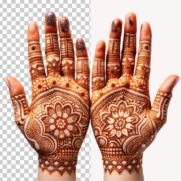 PSD traditional decorated henna hands on transparent background