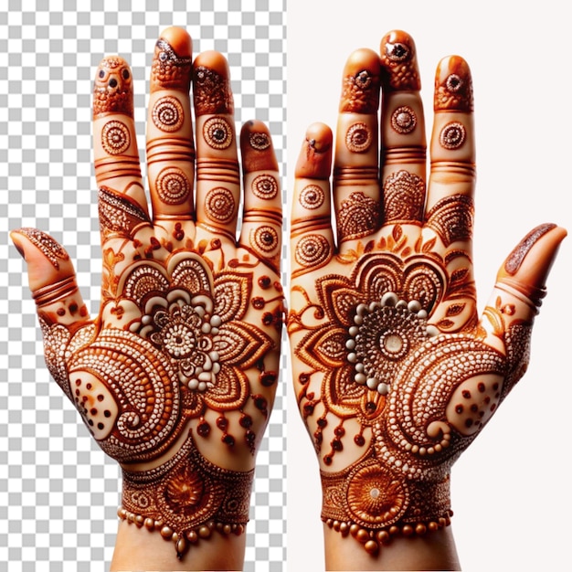 PSD traditional decorated henna hands on transparent background