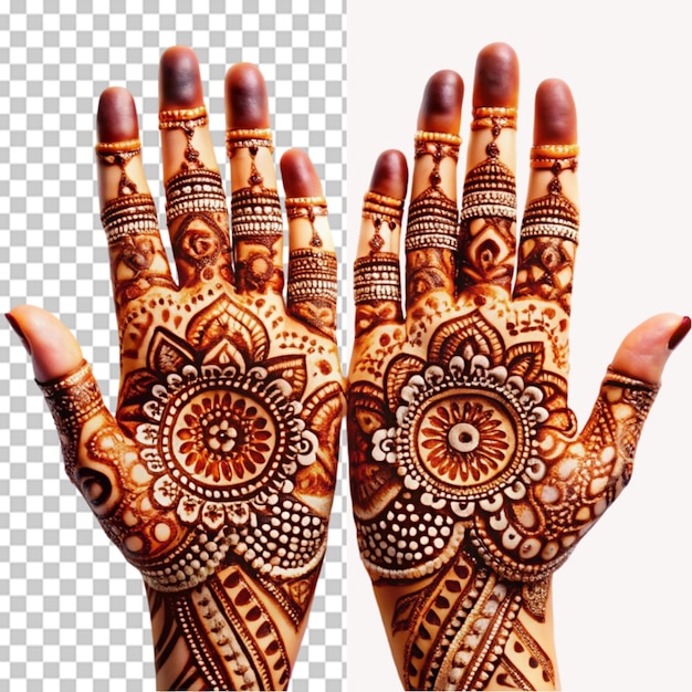 PSD traditional decorated henna hands on transparent background